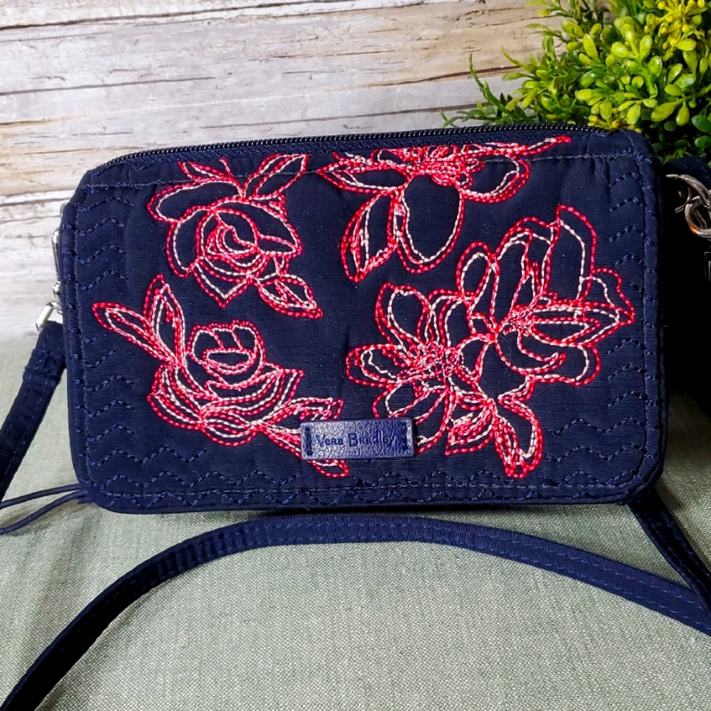 Vera Bradley Navy and Red Embroidered Floral Wallet Crossbody Bag